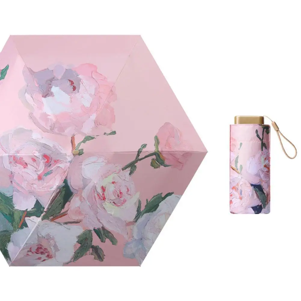 

Mini Manual Compact Umbrella Rose Oil Painting Umbrella Pink With Multicolored Flower Travel Umbrella For Woman Folding Umb Y7U0