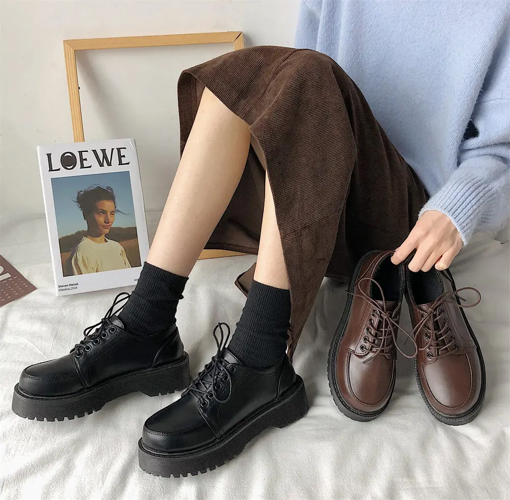 

Vintage Shoes Women 2022 autumn Comfortable Lace Up Platform Oxford Loafers Casual College Student Shoes