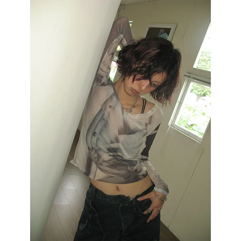 Футболка женская сетчатая в готическом стиле с принтом Y2k