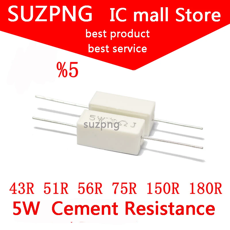 

Цементный резистор 5 Вт 5%, сопротивление мощности 43R 51R 56R 75R 150R 180R, 10 шт.