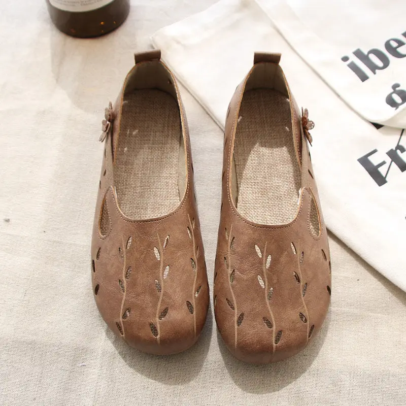Casual Elegant Ladies Shoes 2023 Designer Hollow Ballet Flats Women's Soft Leather Loafers Woman Slip On Moccasins With Flower