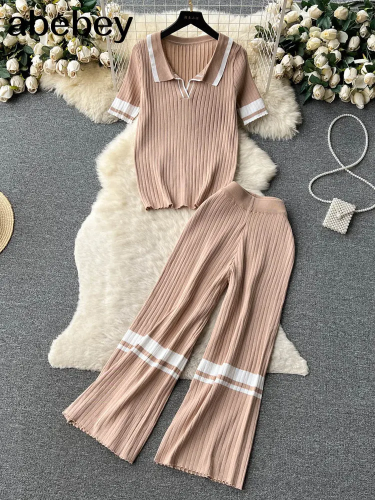 

Senior RetroTwo Pieces Sets Women Short Sleeve Short Top+Wide Legs Long Pants Summer Beach Style Elegant Suits