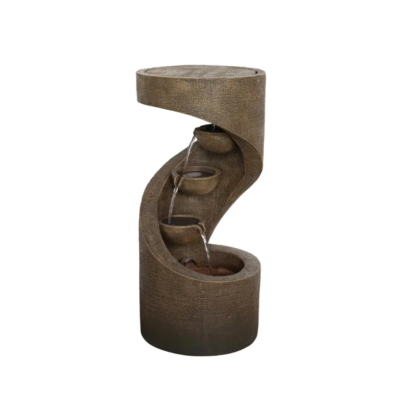 

32.25" Cedar Brown Contemporary Spiral Cups Cascading Fountain with White LEDs