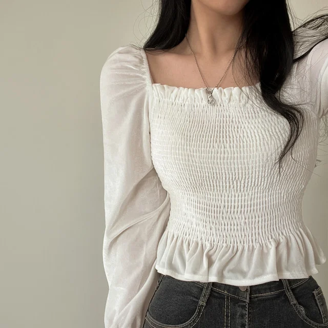 

Женская рубашка Корейская шикарная французская короткая Вельветовая рубашка с оборками на талии и коротким рукавом