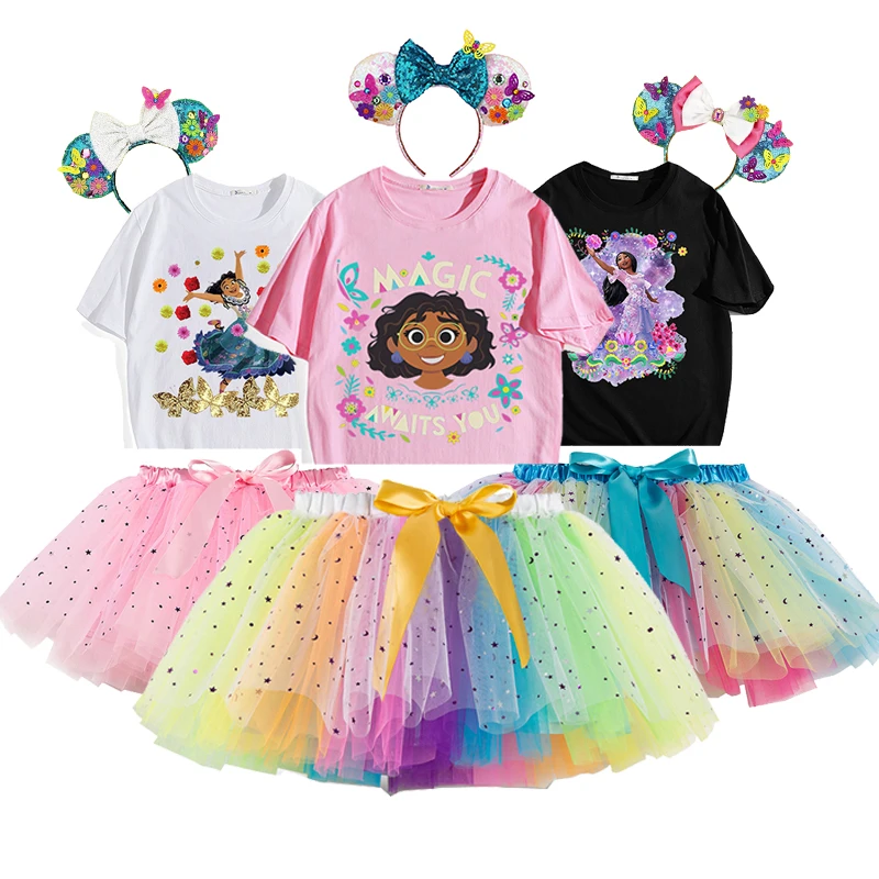 

Encanto Disney Isabella Girls TuTu Dress Summer Short Sleeve Print 2pcs Sets Top+Dress Suit With Headband For Kids BirthdayParty