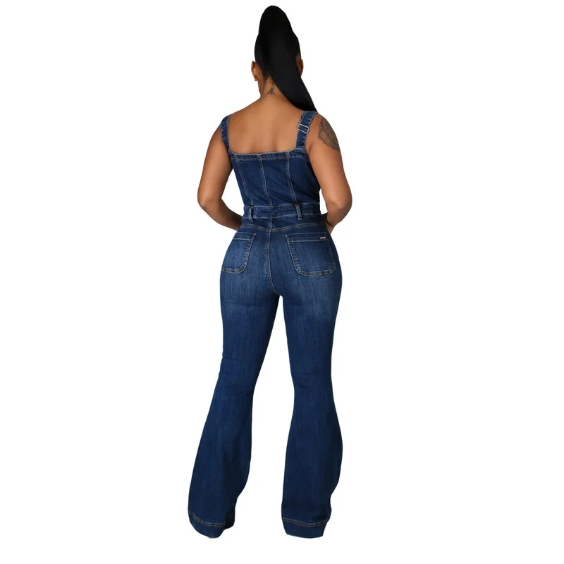 Vintage 2023 Summer Patchwork Denim Jumpsuit Sexy Bodycon Sleeveless Full Body Feminino Elegant Button Rompers Womens Jumpsuits