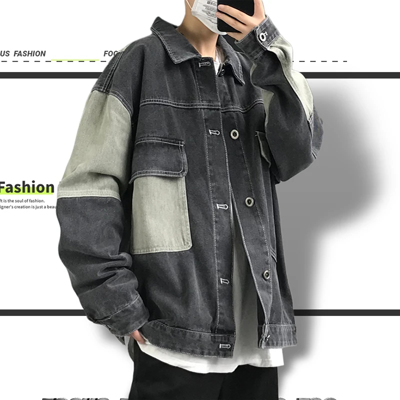 

Мужская джинсовая куртка в стиле пэчворк, мужская Свободная джинсовая куртка с несколькими карманами, молодежная джинсовая куртка с инстру...