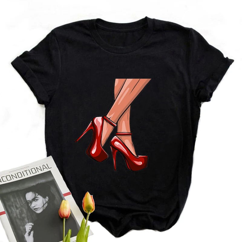 

Korean Style Women's Gothic Clothing Sexy High-Heeled Shoes Anime Egirl Woman T-Shirt Leisure Kpop T-Shirt for Girls