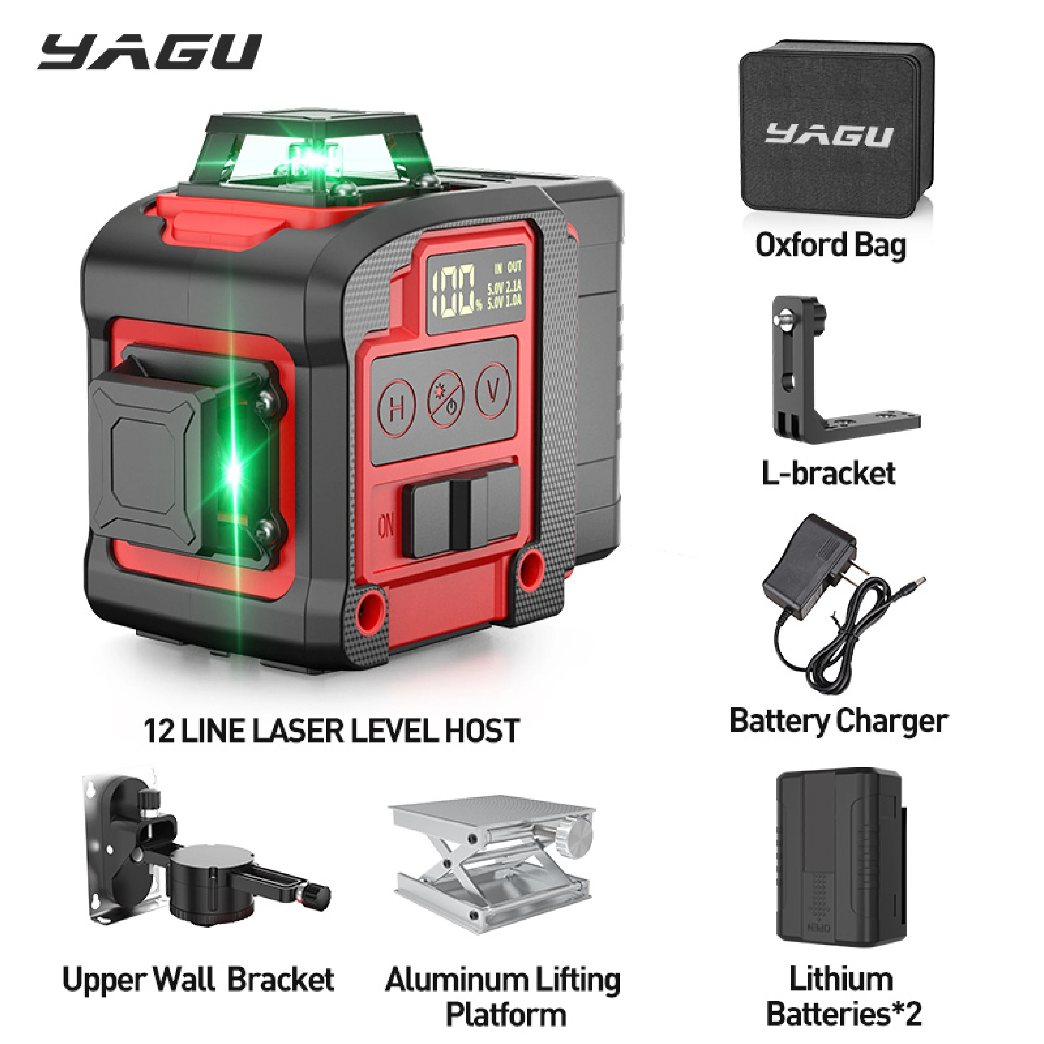 YAGU 8/12 линий лазерный уровень 3x360 ° Мини-цифровой дисплей перезаряжаемая батарея