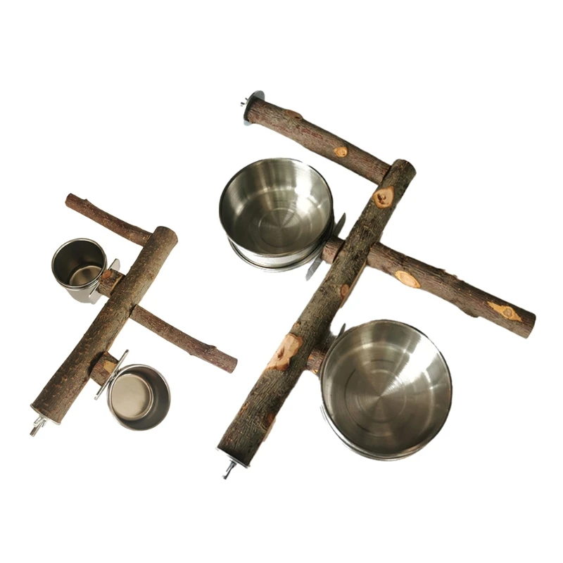 

Parrot Wooden Perch Stand with Stainless Steel Feeder Cups for Small Medium Bird