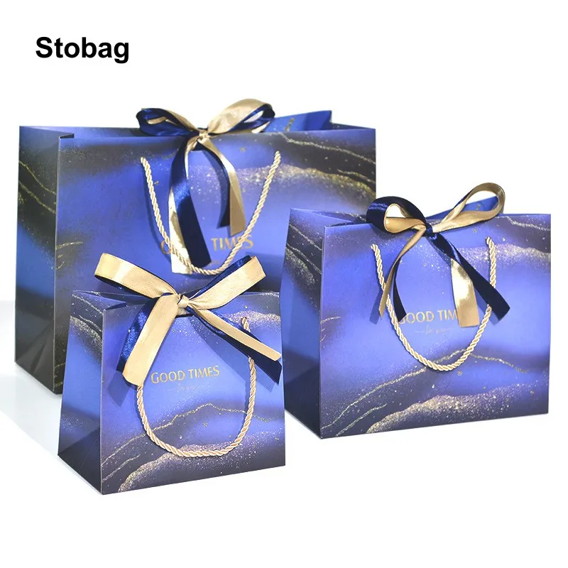 

StoBag 10pcs Blue Gift Packaging Bag with Ribbon Kraft Paper Present Tote Candy Wedding Favor Party Birthday Holiday Supplies