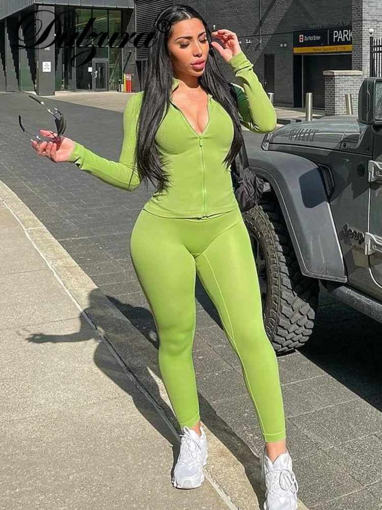 

Dulzura Women Sexy Y2K Clothes 2 Pieces Long Sleeve Zipper Top High Waist Skinny Long Pants Matching Set Club Streetwear Outfits