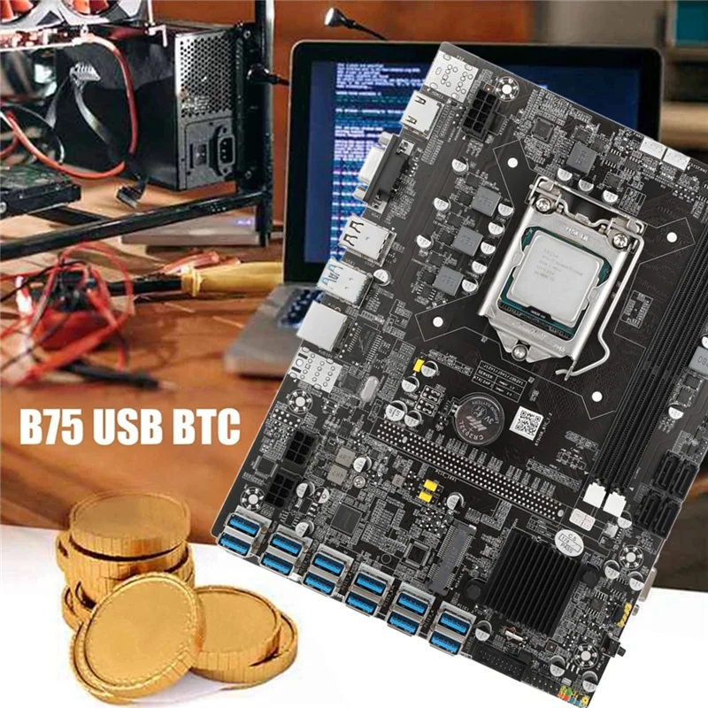 

B75 12USB GPU BTC Miner Motherboard+CPU+Cooling Fan+Thermal Grease+Switch Cable 12USB3.0 to PCIE LGA1155 DDR3 Slot MSATA
