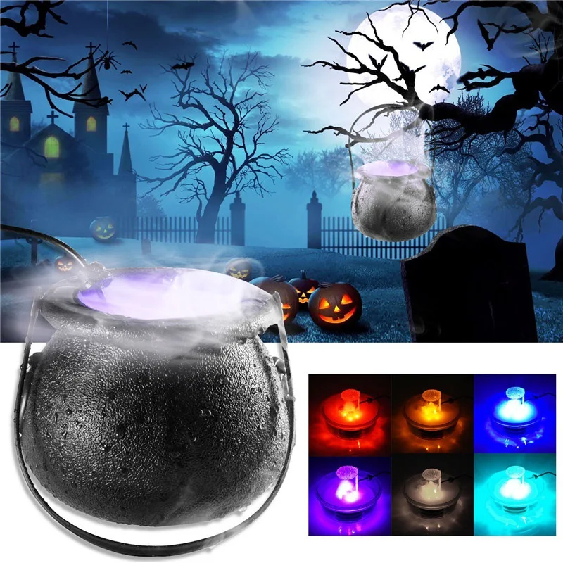 

12LED Halloween Decoration Witch Pot Color Changing Fog Machine Smoke Machine Maker Water Fountain Party Props Decor Light