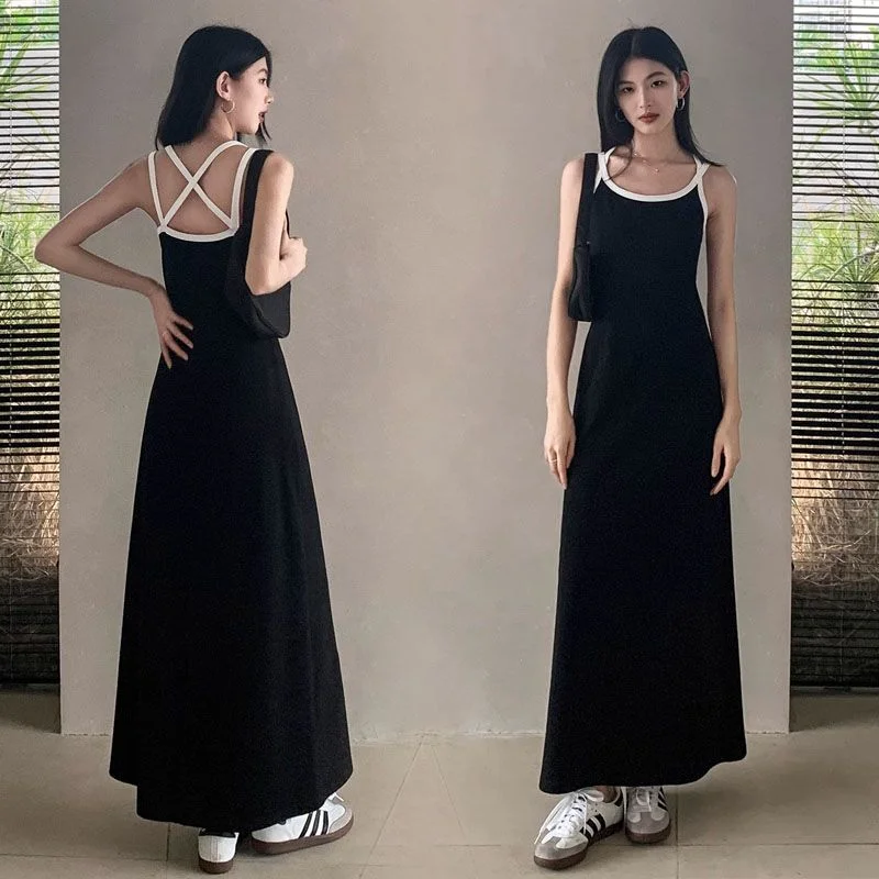 

Deeptown Korean Fashion Long Black Dress Women Y2k Aesthetic Backless One Piece Spaghetti Strap Corset Dresses Summer Vestidos