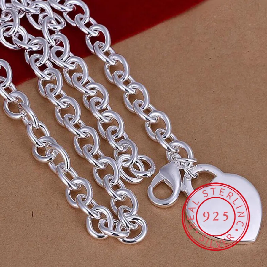 

New 925 Sterling Silver Heart Pendant Necklace Ladies Men's Fashion Wedding Straps Jewelry Gifts Free Shipping