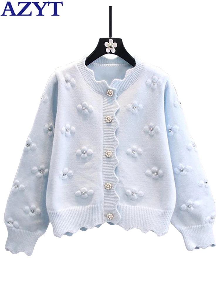

AZYT Fashion Beading Women Sweater Cardigan 2022 Autumn Loose Knitted Female Cardigan Soft Knitwear Sweater Coat