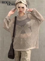 rockmore loose hollow out sweaters autumn women vintage long sleeve jumper fishnets knitwear oversize baggy smock top y2k grunge