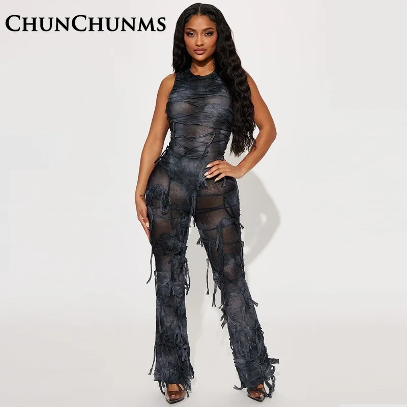 

Fashion Tie-dye Tight Sleeveless Fringe Stretch Jumpsuit Woman Casual Bodycon Romper Tassel Beggar Clothes One Pcs Pant Overall