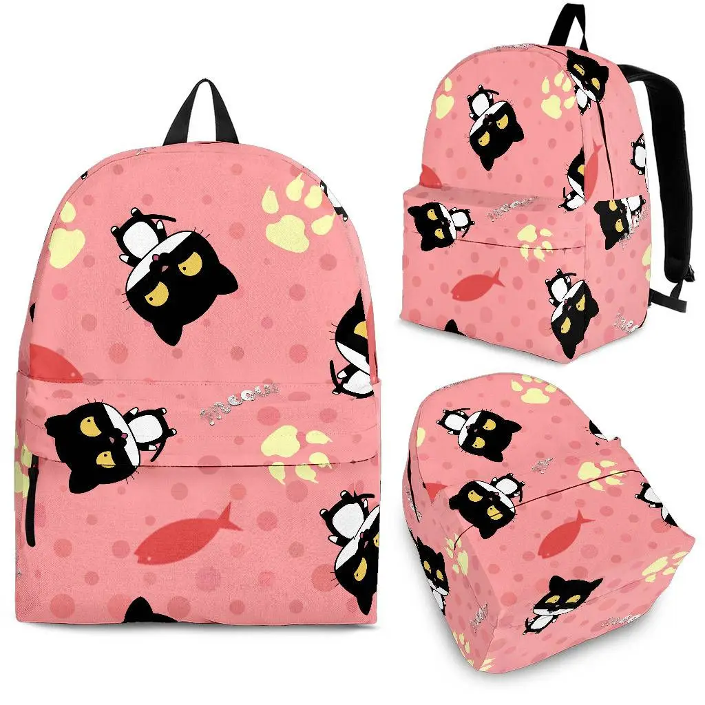 

YIKELUO Cute Cartoon Black Cat Cat Claw Print Pink Student Backpack With Zipper Abstract Fish Design Laptop Bag For Teenagers