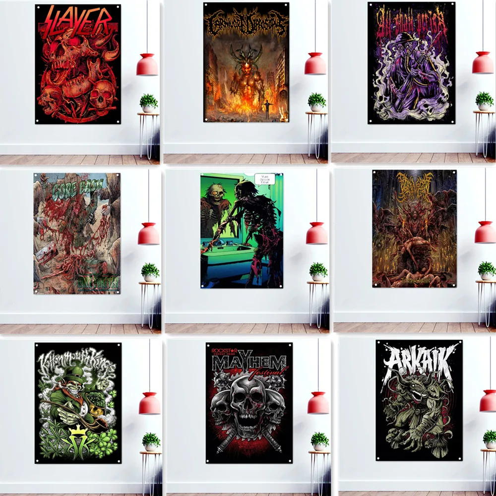 

Rock Metal Music Banner Flag Scary Bloody Dark Death Art Wall Painting Vintage Metal Art Poster Pub Bar Man Cave Decor Tapestry