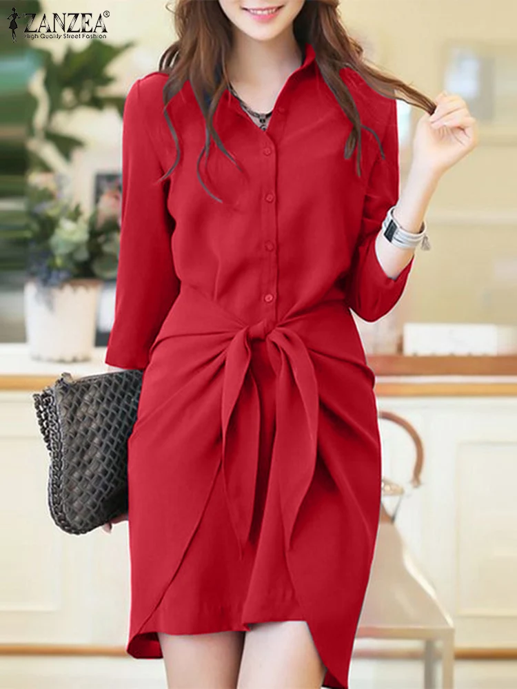 

Платье ZANZEA женское в Корейском стиле, модный элегантный сарафан на шнуровке, с воротником с лацканами и рукавом 3/4, винтажная Женская юбка оверсайз