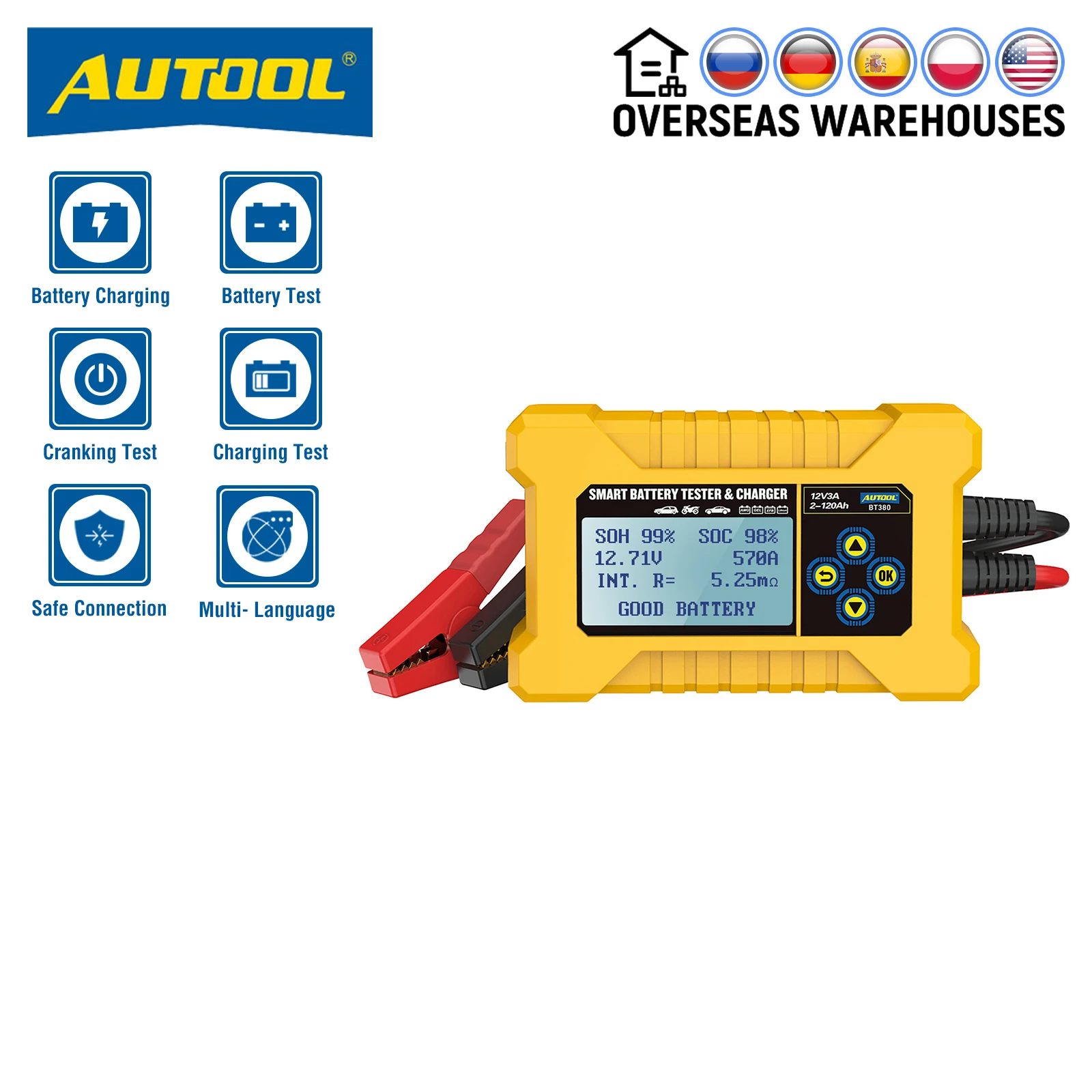 AUTOOL BT380 автомобильный тестер аккумулятора, автомобильный аккумулятор 12 В, автомобильный тестер запуска, анализатор Банк мощности транспортного средства CCA JIS DIN IEC