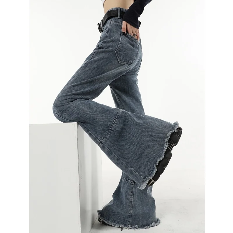 

Винтажные синие женские джинсовые брюки-клеш, американская мода, уличный стиль, джинсы с широкими штанинами, женские джинсовые брюки, прямы...