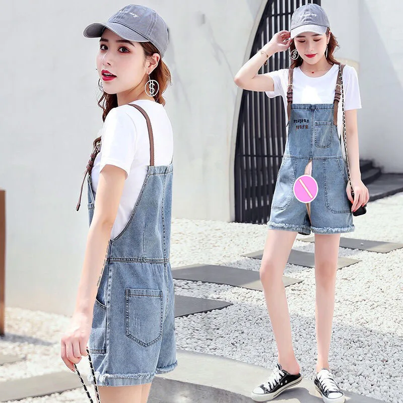 Invisible Open Crotch Outdoor Convenient Denim Suspender Pants Women's 2022 New Shorts Autumn Korean Style Loose Jumpsuit Jeans