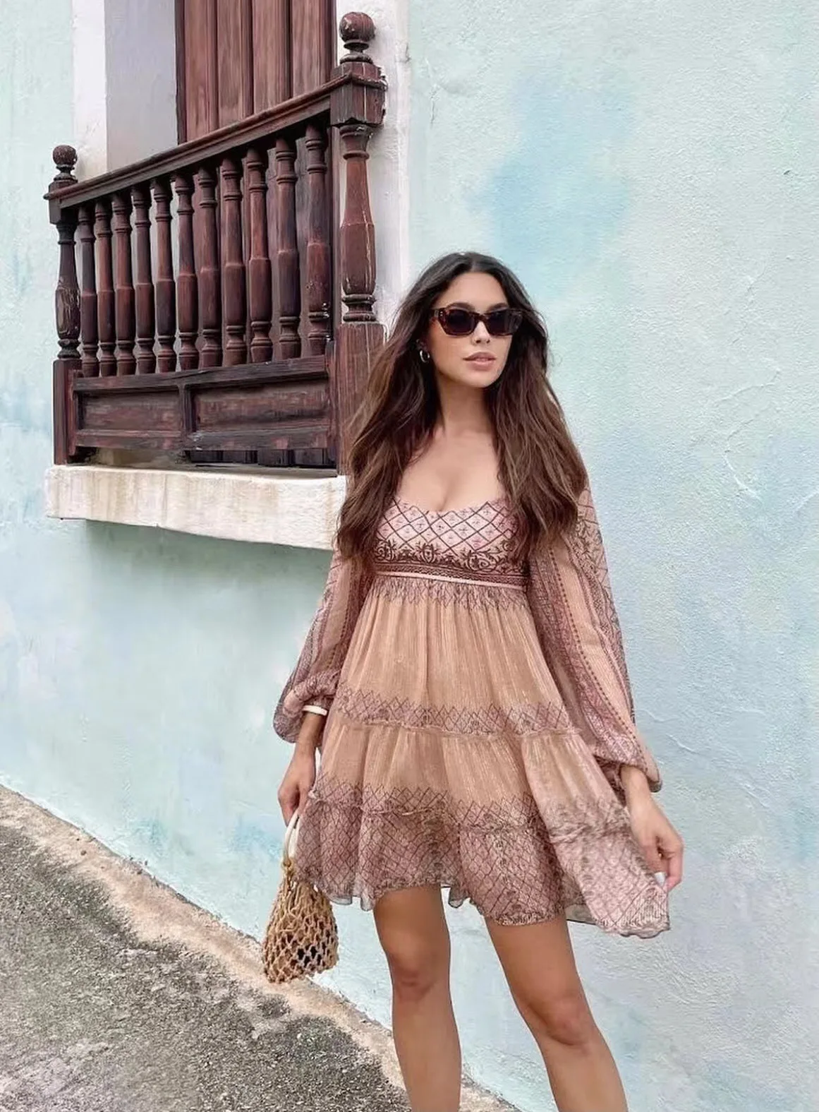 

Lady Fashion Designer Dress Spring New European High Street Long Sleeve Square Collar Abstract Print Mini Resort Vestido
