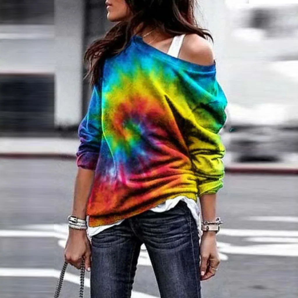 

T Shirts Solid Colors Women Fashion Women Casual Tie-dye Printing Long Sleeves Sweatshirt Blouse Tops Womens T Shirts