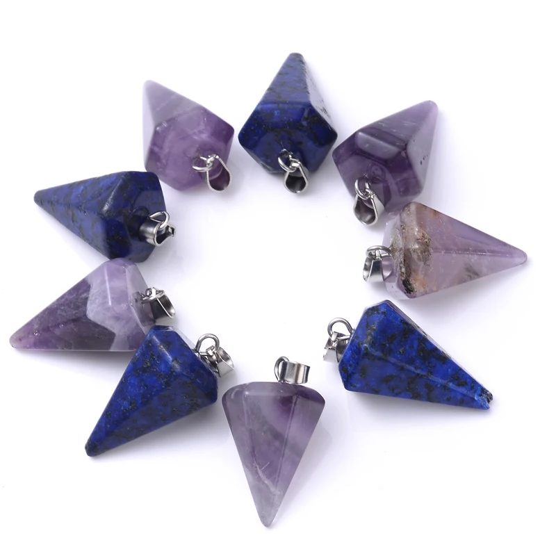 

10Pcs Conical Pendant Necklaces Purple Healing Crystal Natural Stone Amethysts Leather Chain Necklaces Women Fashion Jewelry