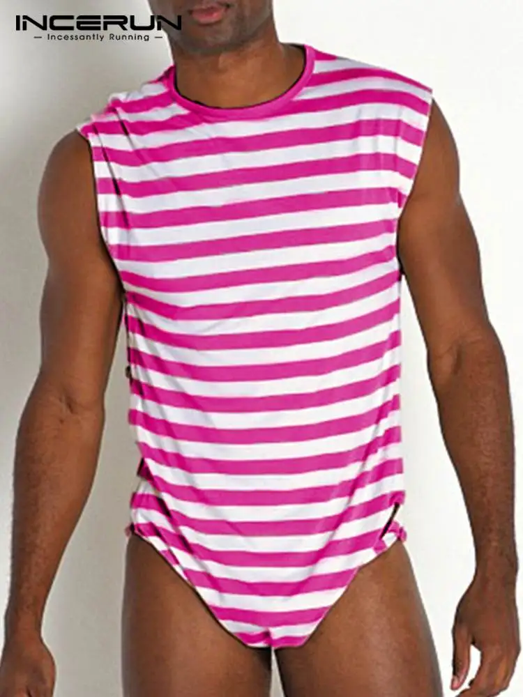 

Men Striped Bodysuits O-neck Pajamas Sleeveless Cozy Breathable Leisure Rompers Underwear 2022 Sexy Men Bodysuit S-5XL INCERUN