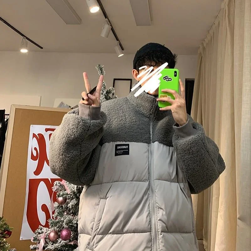 Y2K Emo Men Streetwear Winter Zip Up Padded Jacket Lamb Wool Plus Velvet Jackets Warm Bubble Mens Coats Puffer Coat Alt Clothing