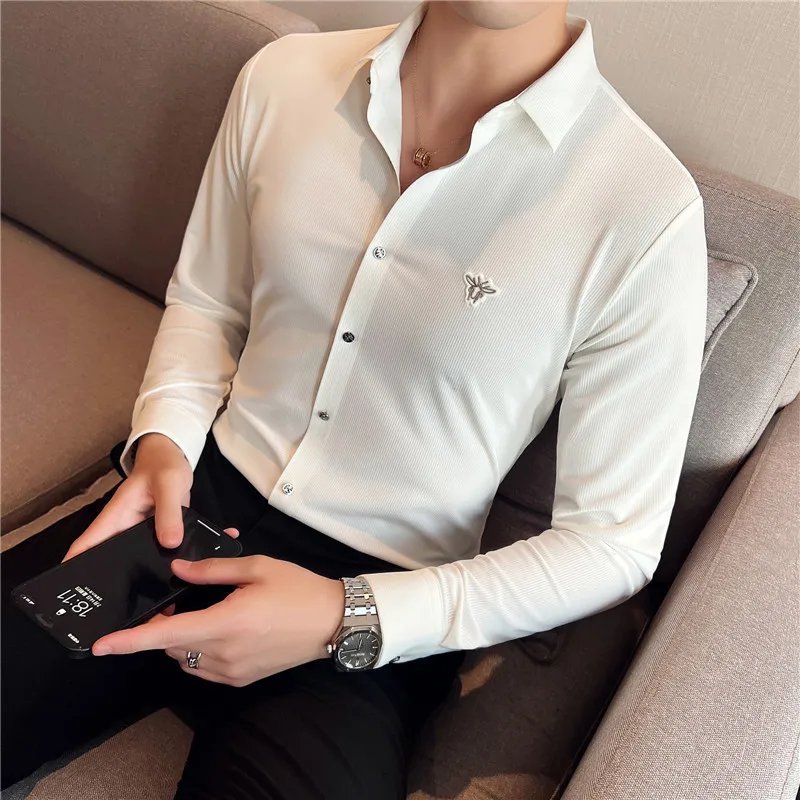 High Elasticity Striped Shirts Men Autumn Long Sleeve Slim Casual Shirt Breathable Social Party Tuxedo Blouse Camisa Masculina