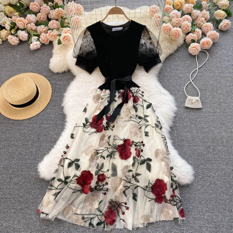 

Celebrity Style Women's Summer Dress High-End Woman Clothes Heavy Industry Embroidery Mesh Stitching Knitted Fairy Dress Woman
