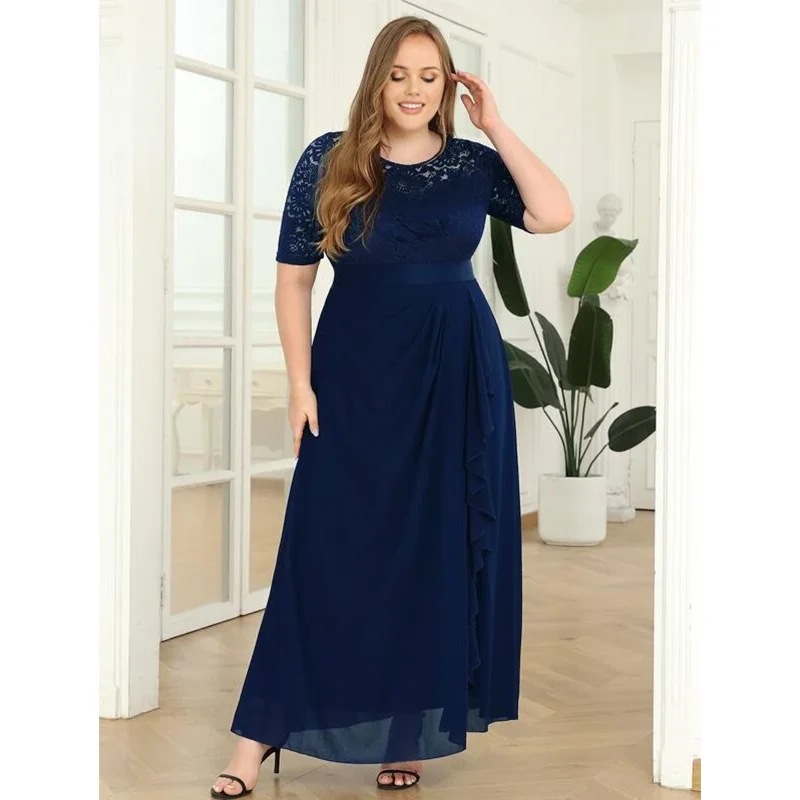 Plus Size Round Neck 4XL5XL Lace Royal Blue Chiffon Loose Elegant Evening Dress Banquet Prom Wedding Plus Size Dress