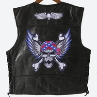 mens spring and autumn new street motorcycle punk pirate skull pattern embroidered leather v neck sleeveless vest in stock