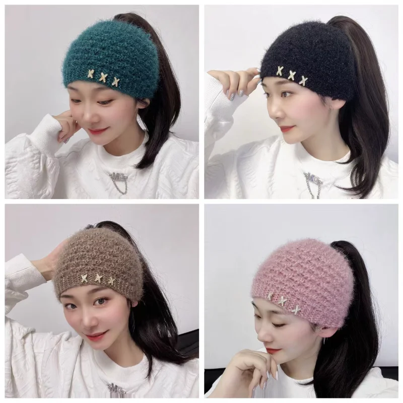 

Autumn and Winter Hair Accessories Wide-brimmed Knitted Headband Korean Version Crystal Fleece Hairband Warm Ear Protection Cap