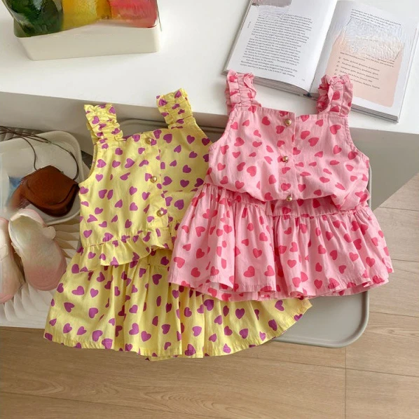 

Sweet Girls Clothing Sets Summer Kids Clothes Sleeveless Print Shirts Short Girls 2pcs Suit Clothing Sets for Children