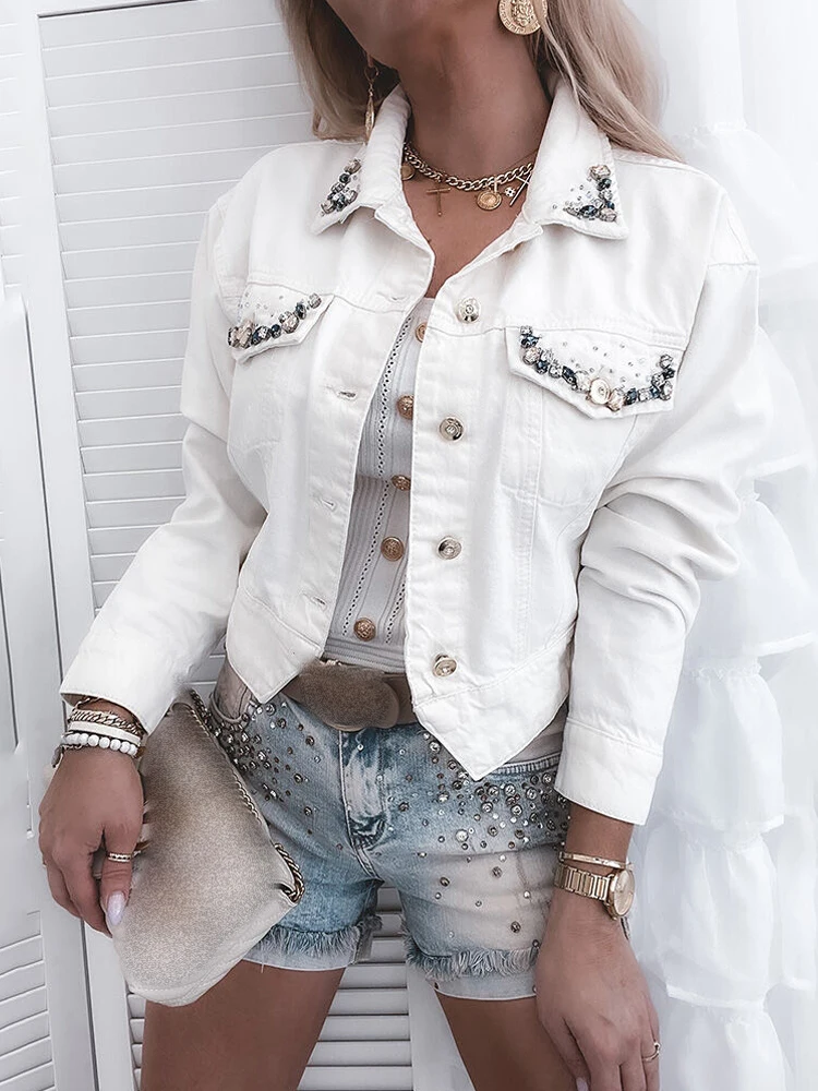

Women Fashion Casual Rhinestone Decor Button Front Long Sleeve Coat