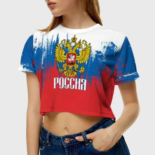 Женская футболка Crop-top 3D РОССИЯ ТРИКОЛОР |