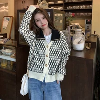 women single breasted cardigan sweater coat 2022 autumn winter long sleeve loose knitted top checkered sexy cardigan sweater top