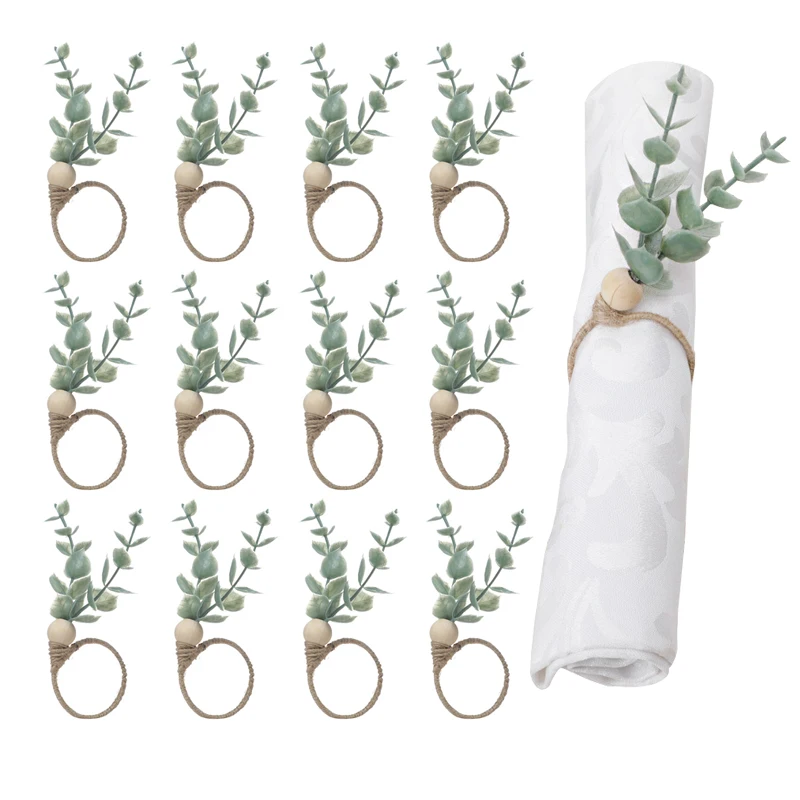 

Набор из 12 колец для салфеток из дерева эвкалипта, кольца для салфеток в деревенском стиле с зелеными листьями для столовой, пасхальный декор для рождественского свадебного стола