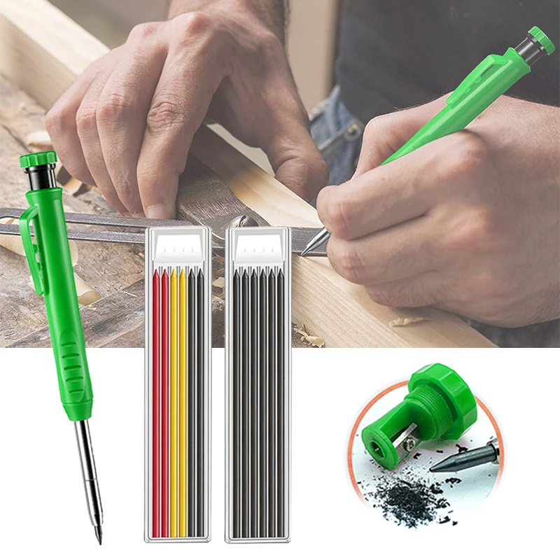 

Solid Carpenter Pencil Set Built-in Sharpener with 6 Refill Leads Mechanical Pencil Marking Tool Kit for Woodworking Architect