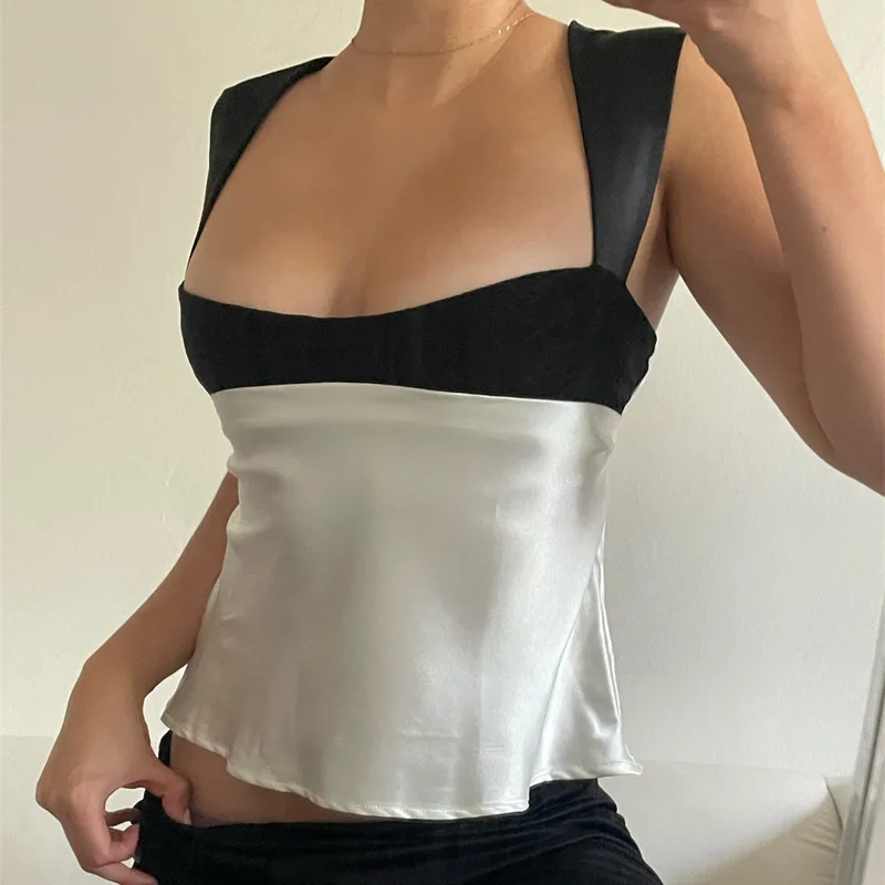 

Aesthetic Satin Patchwork Milkmaid Cami Top Summer Y2K Fairy Grunge Backless Tie Up Mini Vest Retro Women Crop Top Streetwear