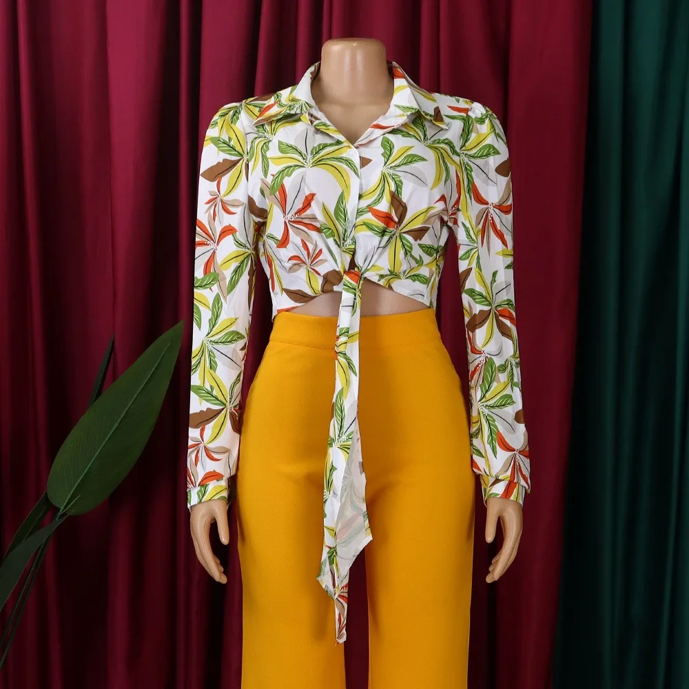 Модная женская блузка с принтом однобортная отложным воротником и длинными