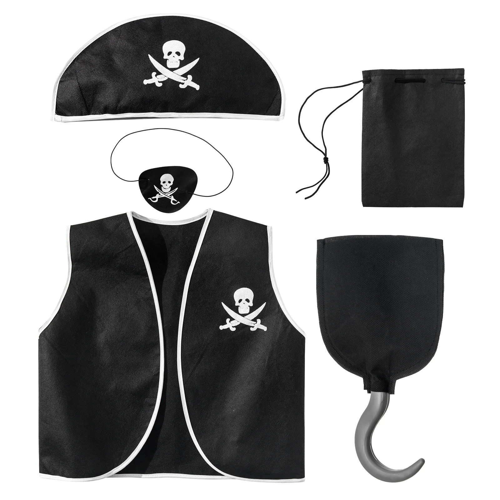 

Kids Pirate Costume Black Vest with Eyeshade Hat Pirate Hook and Bag Set for Children Boy Halloween Theme Party Cosplay Dress Up
