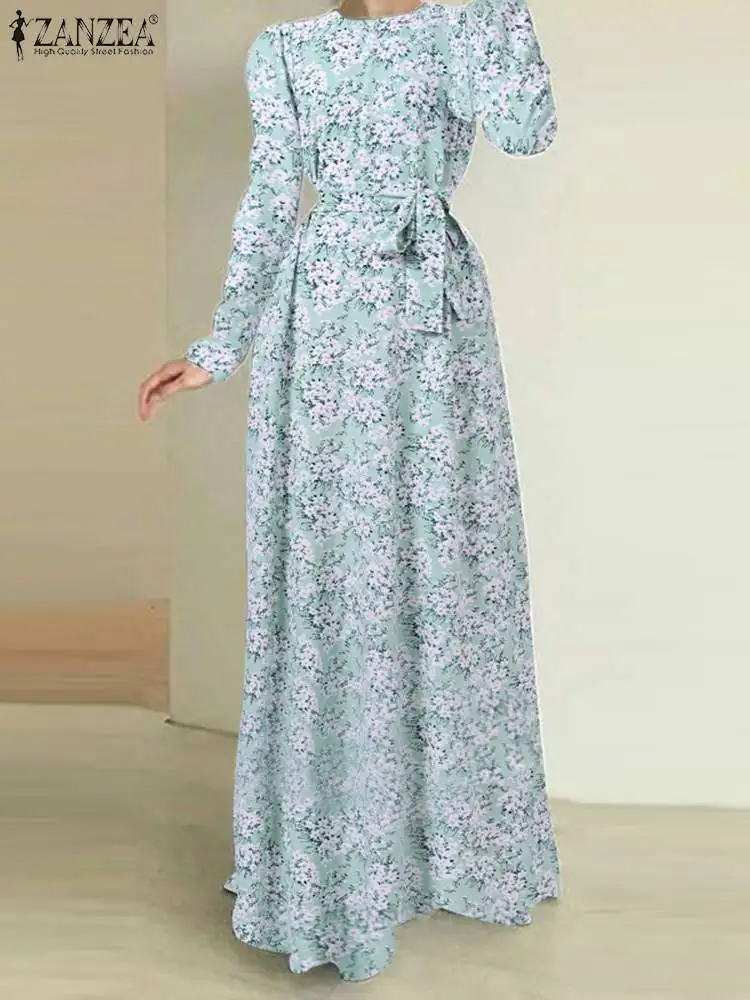 

Модные элегантные длинные халаты ZANZEA, женское платье с завязкой на талии и цветочным принтом, с круглым вырезом, летние женские платья