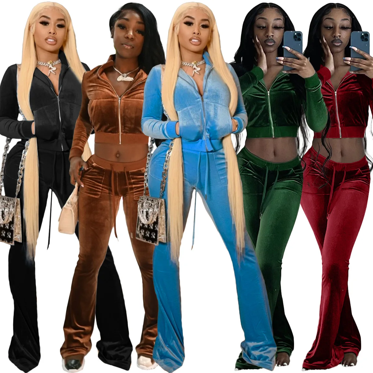 

Elegant Solid Velvet Tracksuit Women Casual Sporty Fitness Zipper Long Sleeve Crop Top + Flare Pants Slim Two Piece Set Outfits